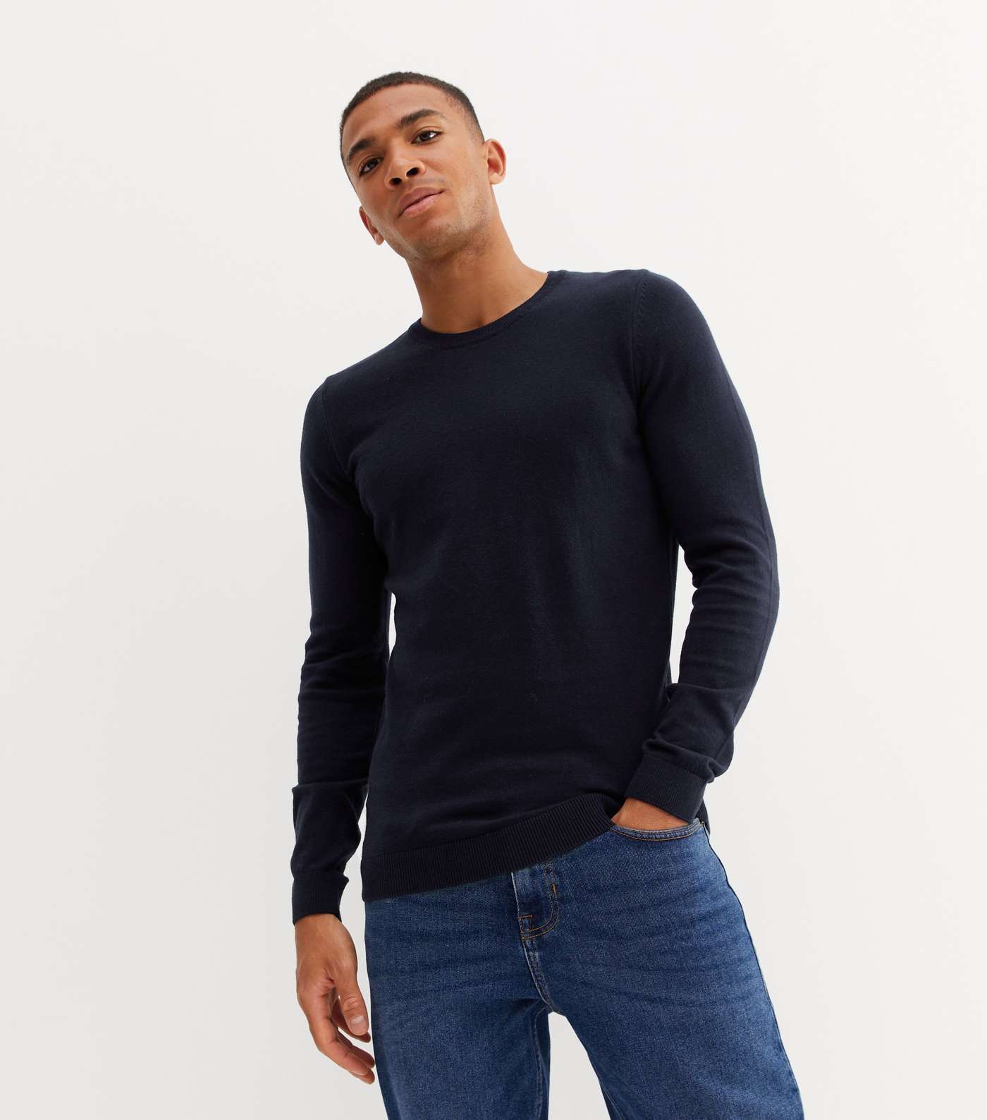 Navy Fine Knit Crew Neck Muscle Fit Jumper Image 2