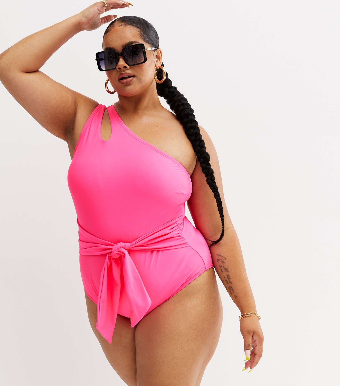Beach Babe Bright Pink One Shoulder Swimsuit Image 3