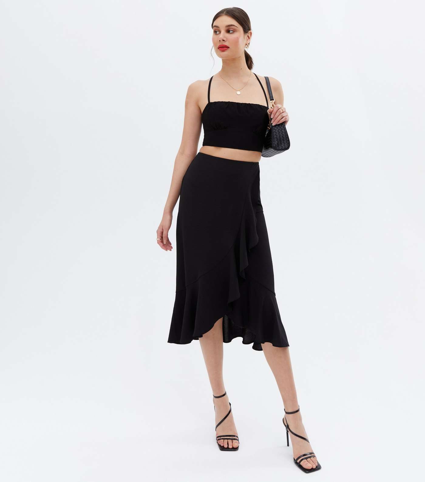 Black High Waist Ruffle Midi Wrap Skirt