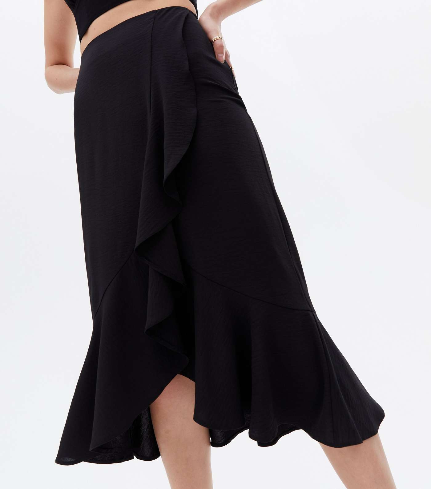 Black High Waist Ruffle Midi Wrap Skirt Image 3