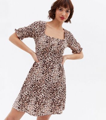 Brown Leopard Print Crinkle Jersey Ruched Mini Dress New Look