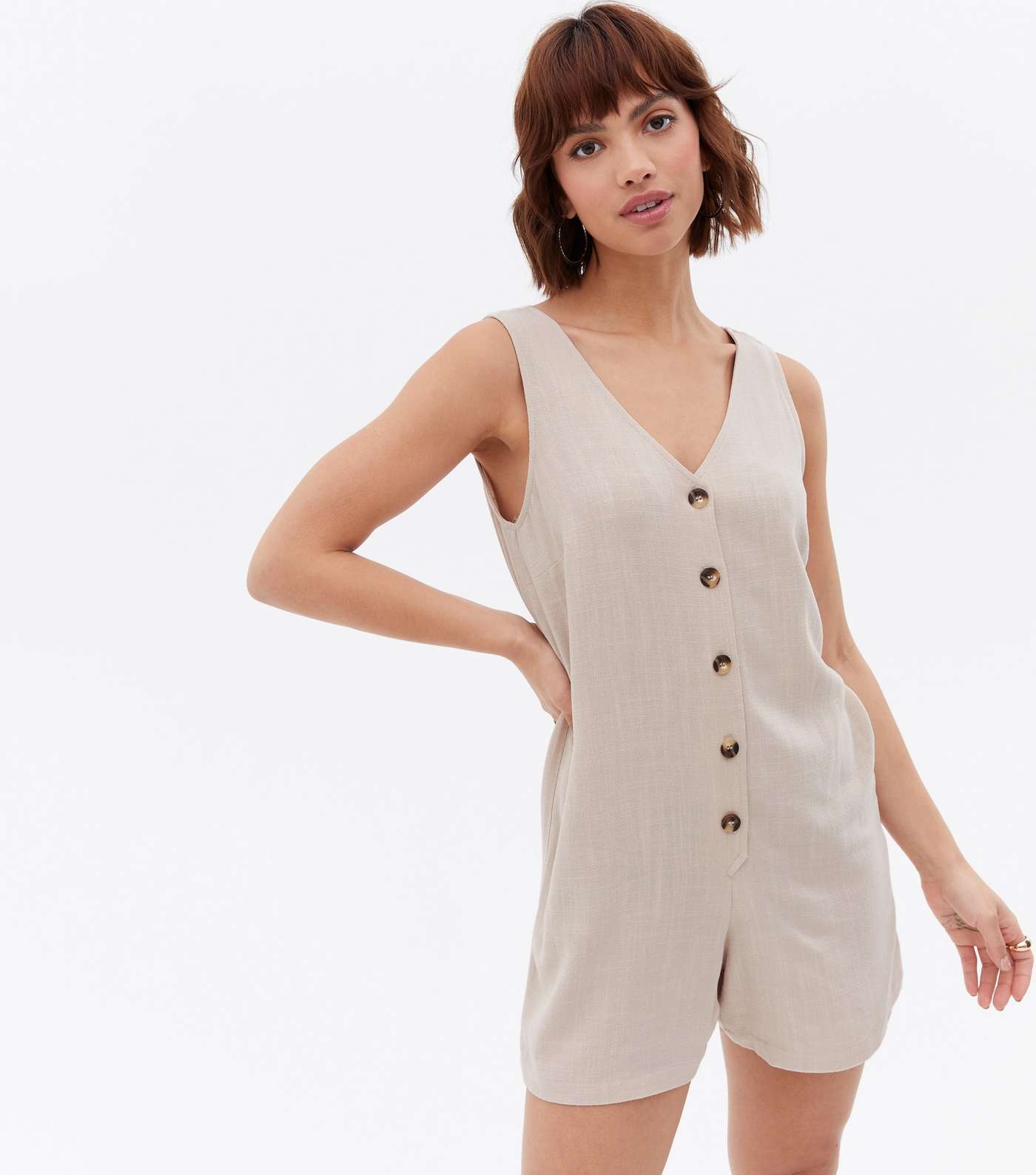 Stone Linen-Look Button Front Sleeveless Playsuit