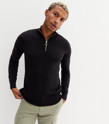 Black Zip Funnel Neck Slim fit Jumper 