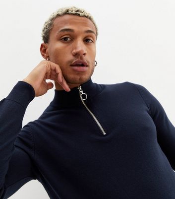 Navy Zip Funnel Neck Slim fit Jumper 