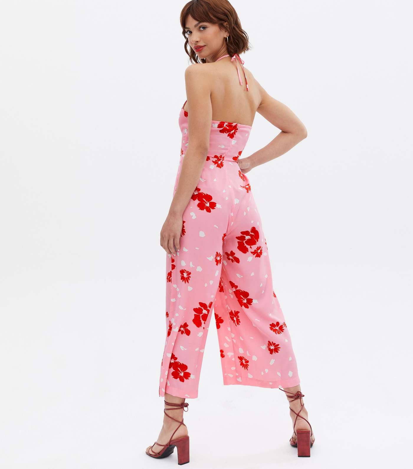 Pink Floral Crepe Wide Leg Halter Jumpsuit Image 4