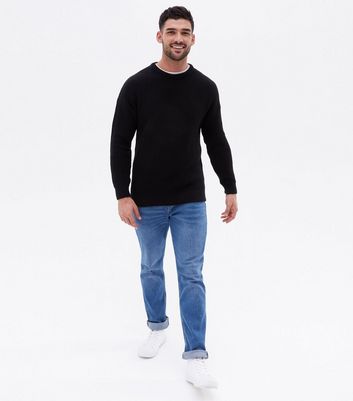 Men's Black Fine Knit Relaxed Fit Crew Neck Jumper New Look