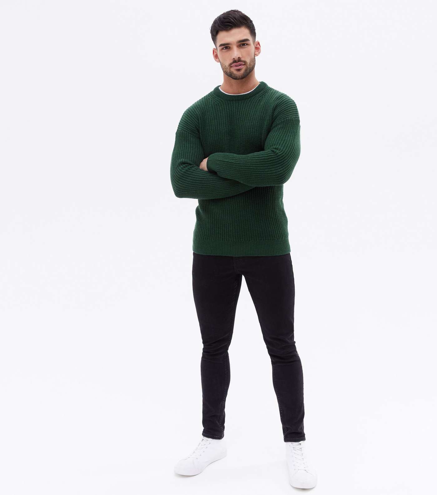 Dark Green Fine Knit Relaxed Fit Crew Neck Jumper Image 2