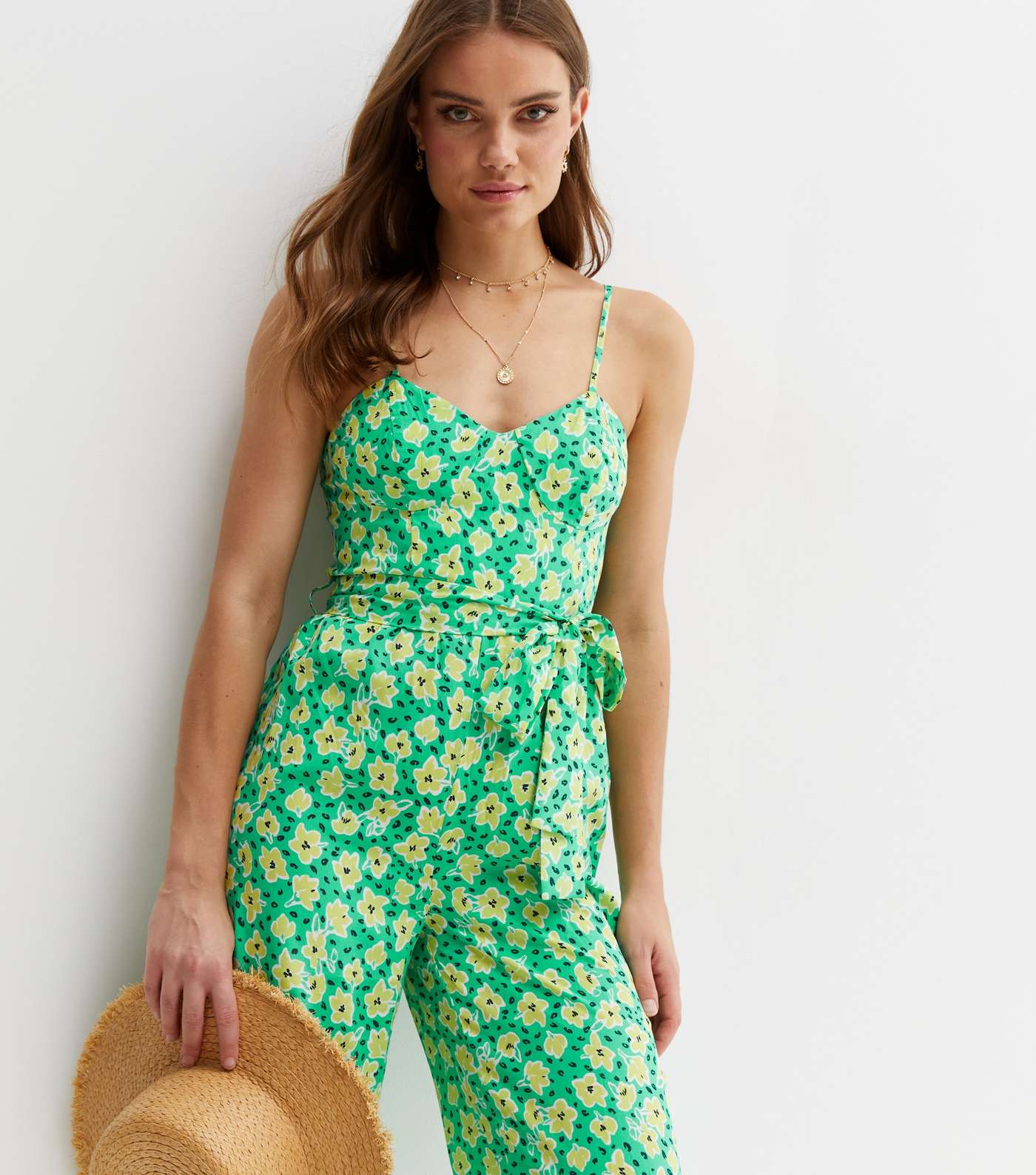 Green Floral Bustier Strappy Crop Jumpsuit Image 3