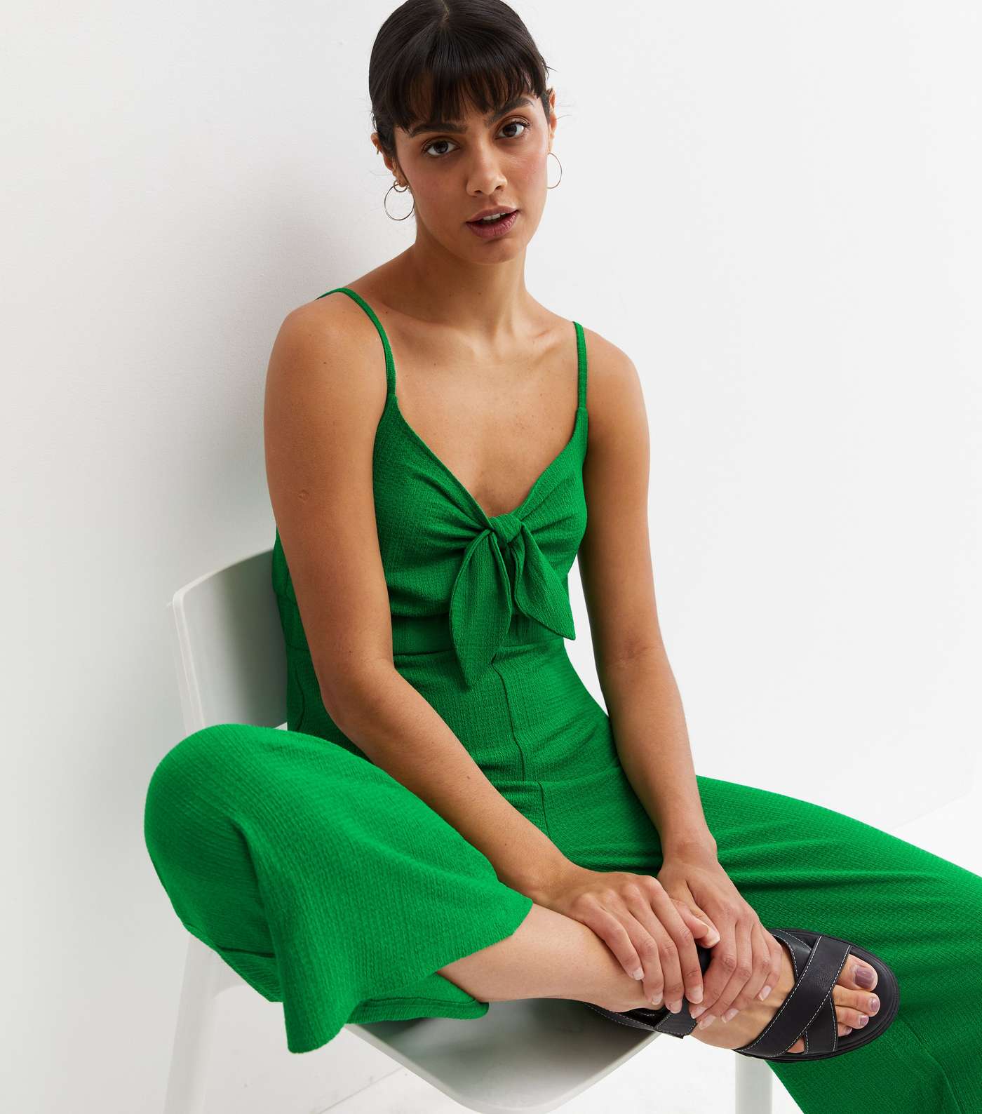 Green Crinkle Strappy Tie Front Jumpsuit