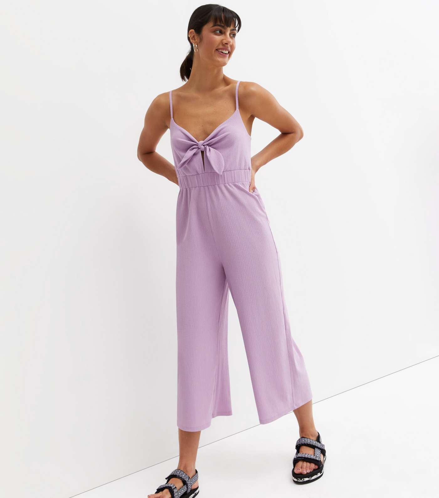 Lilac Crinkle Strappy Tie Front Jumpsuit