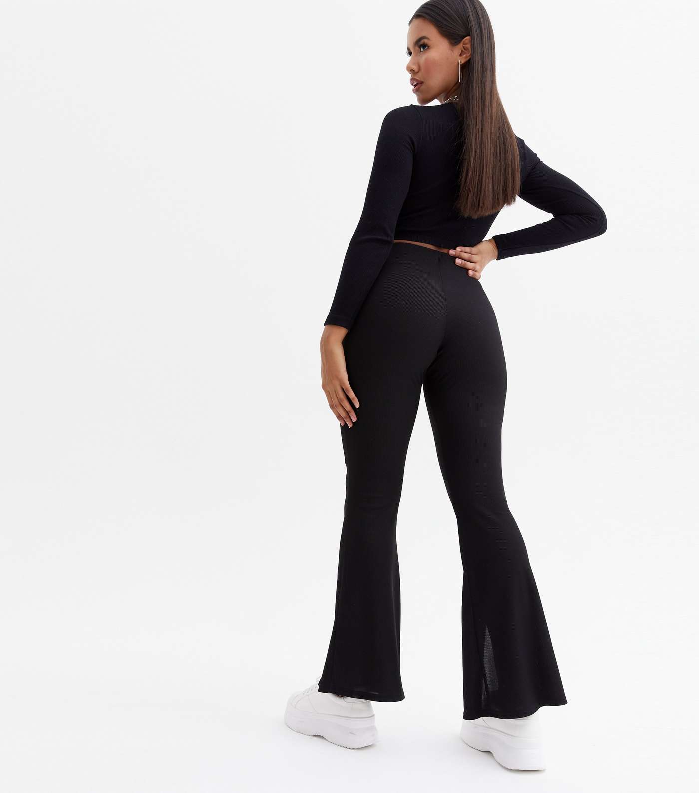 Black Ribbed Split Front Flared Trousers Image 4
