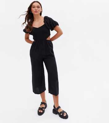 Black Shirred Cut Out Side Crop Jumpsuit