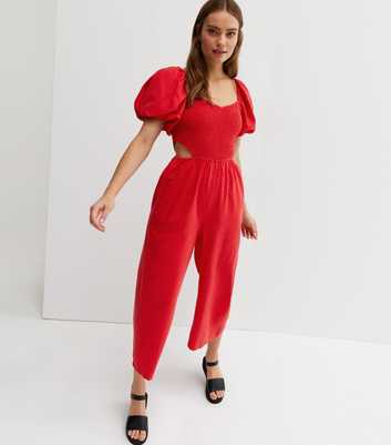 Red Shirred Cut Out Side Crop Jumpsuit
