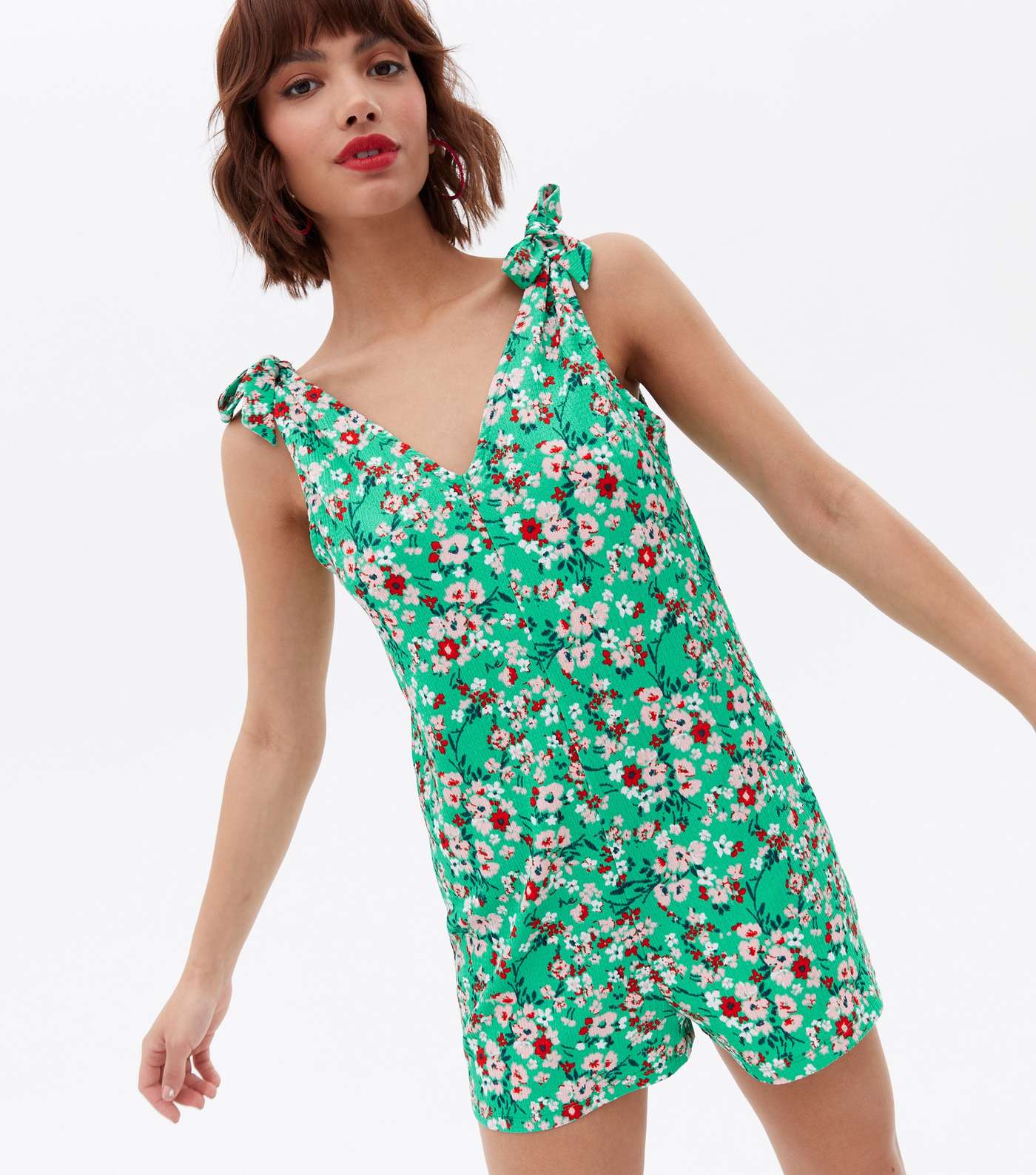 Green Floral Crinkle Jersey Tie Strap Playsuit