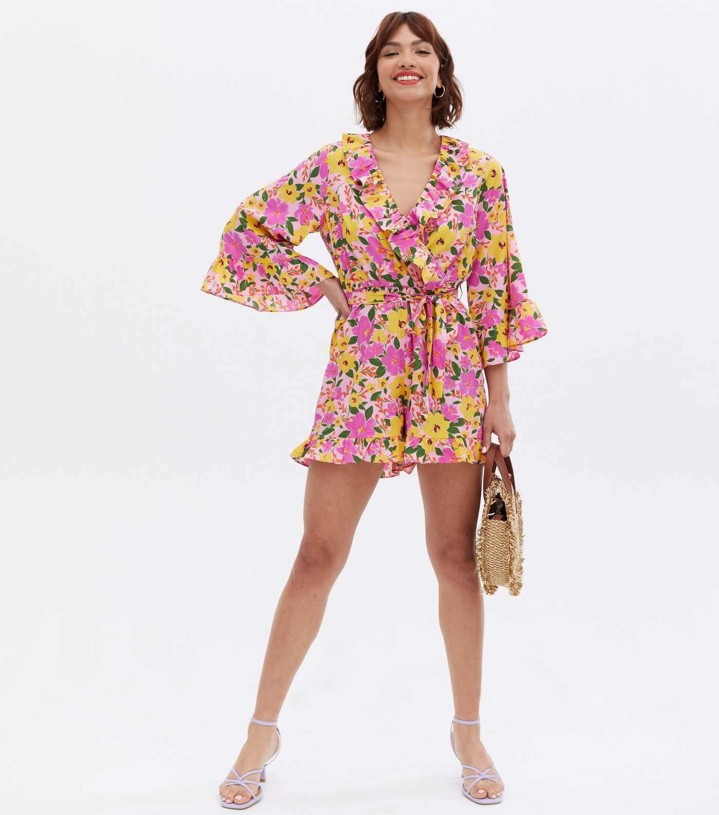 Purple Floral Frill 3/4 Sleeve Wrap Playsuit Image 2