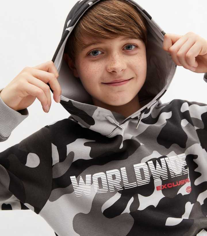 Boys Light Grey Camo Logo Hoodie