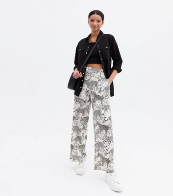White Leopard Print Wide Leg Trousers 