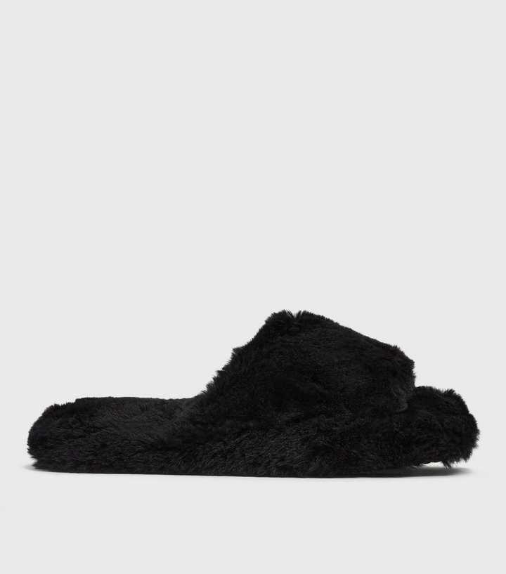 Black Faux Fur Slider Slippers