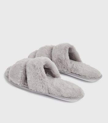 Grey Faux Fur Double Strap Slider Slippers New Look