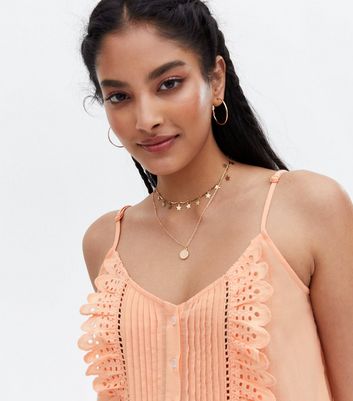 Coral Broderie Frill Peplum Cami New Look