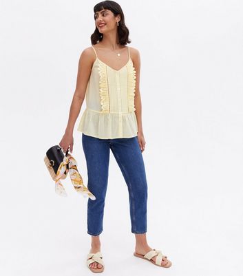 Pale Yellow Broderie Frill Peplum Cami New Look