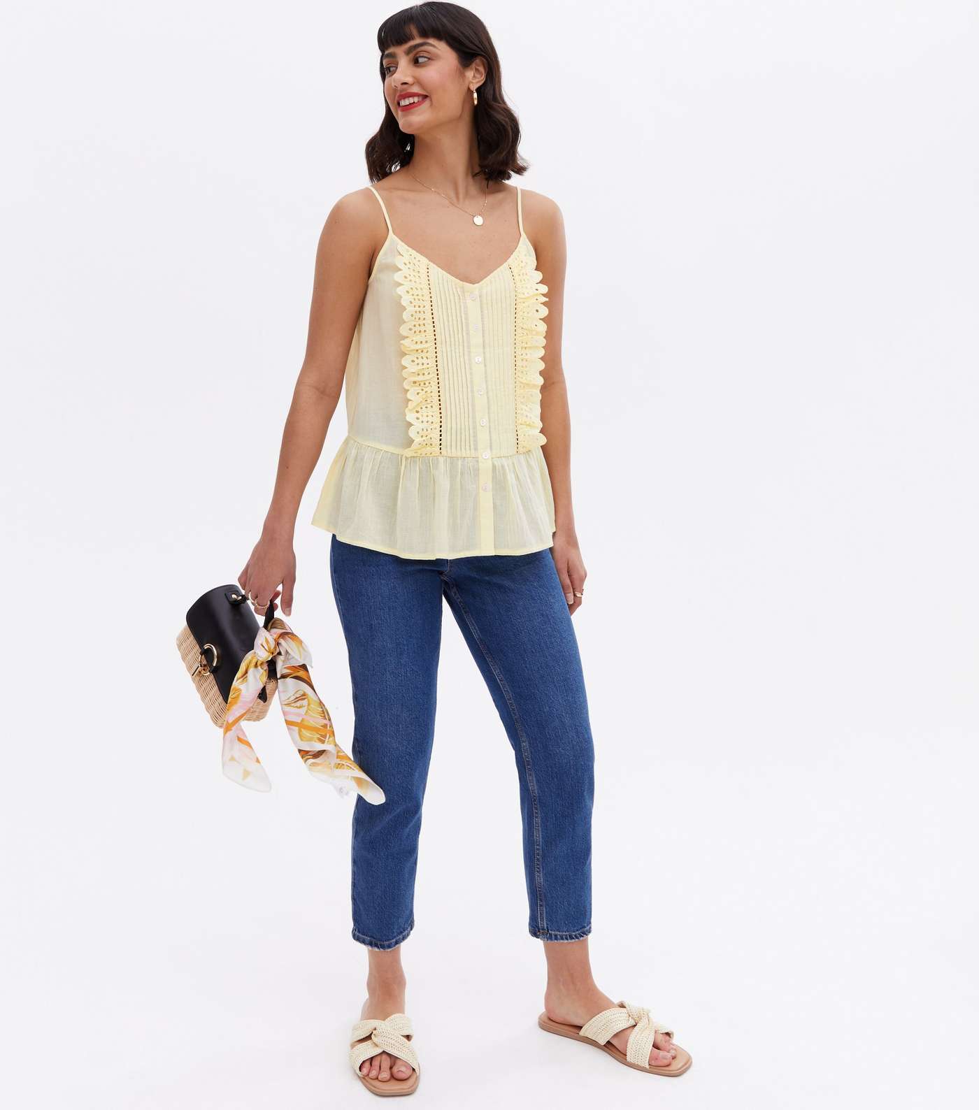 Pale Yellow Broderie Frill Peplum Cami Image 2