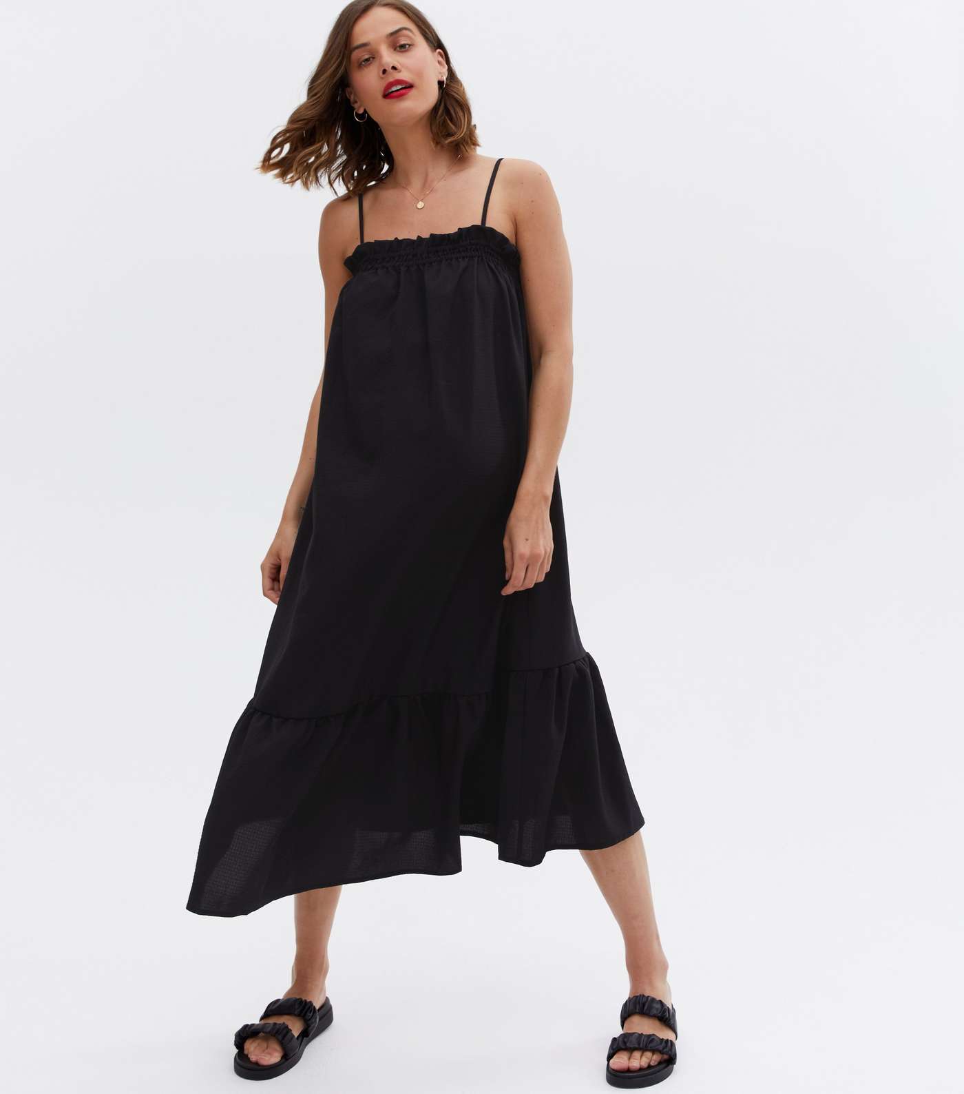 Maternity Black Tiered Strappy Midi Dress