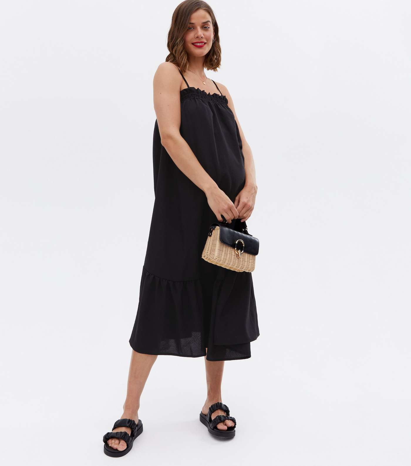 Maternity Black Tiered Strappy Midi Dress Image 3