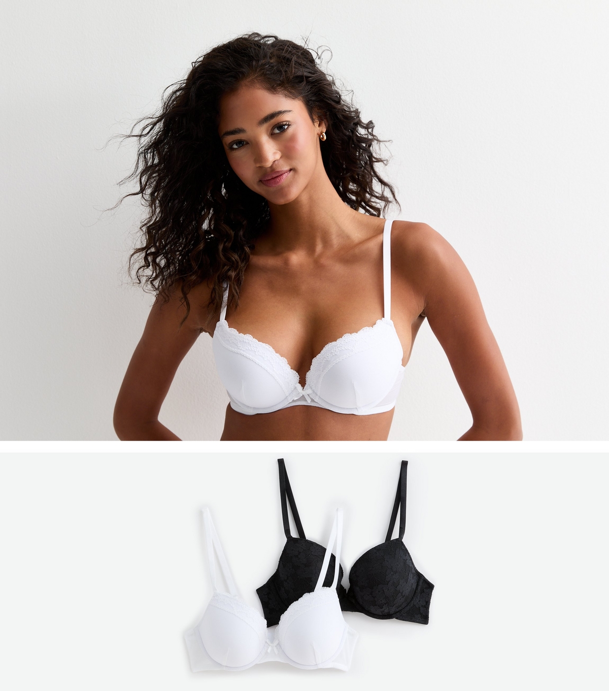 Women's 2 Pack Black and White Lace Push Up Bras New Look