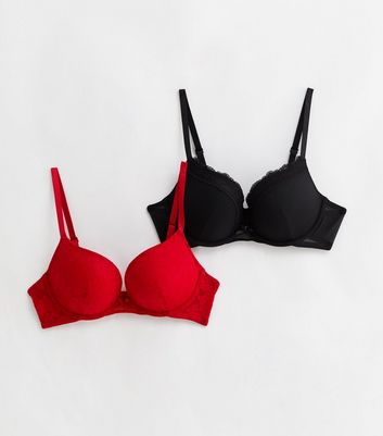 2 Pack Black and Red Lace Push Up Bras New Look