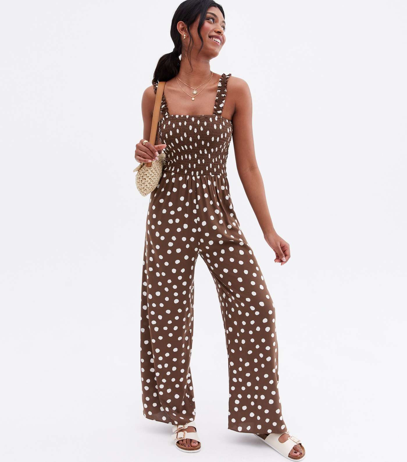 Brown Spot Shirred Frill Strap Jumpsuit Image 2