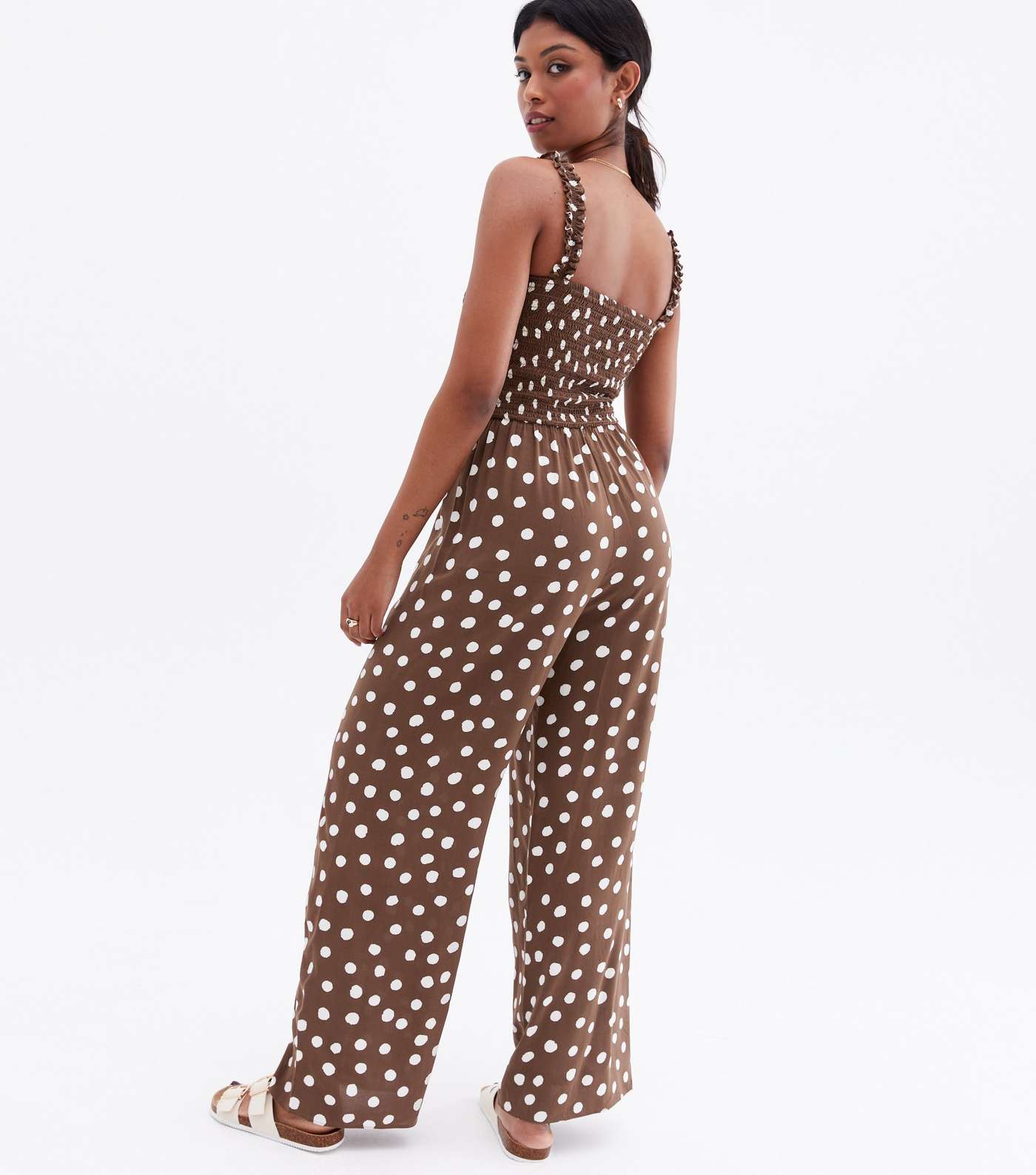 Brown Spot Shirred Frill Strap Jumpsuit Image 4