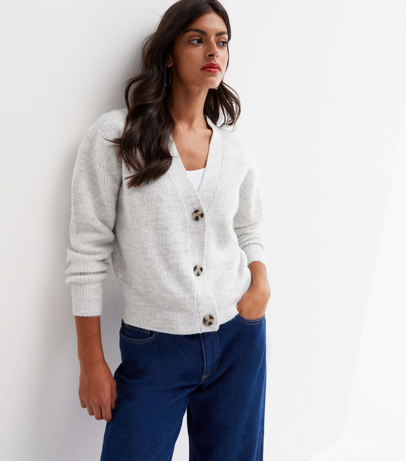 Pale Grey Ribbed Knit Button Cardigan Image 2