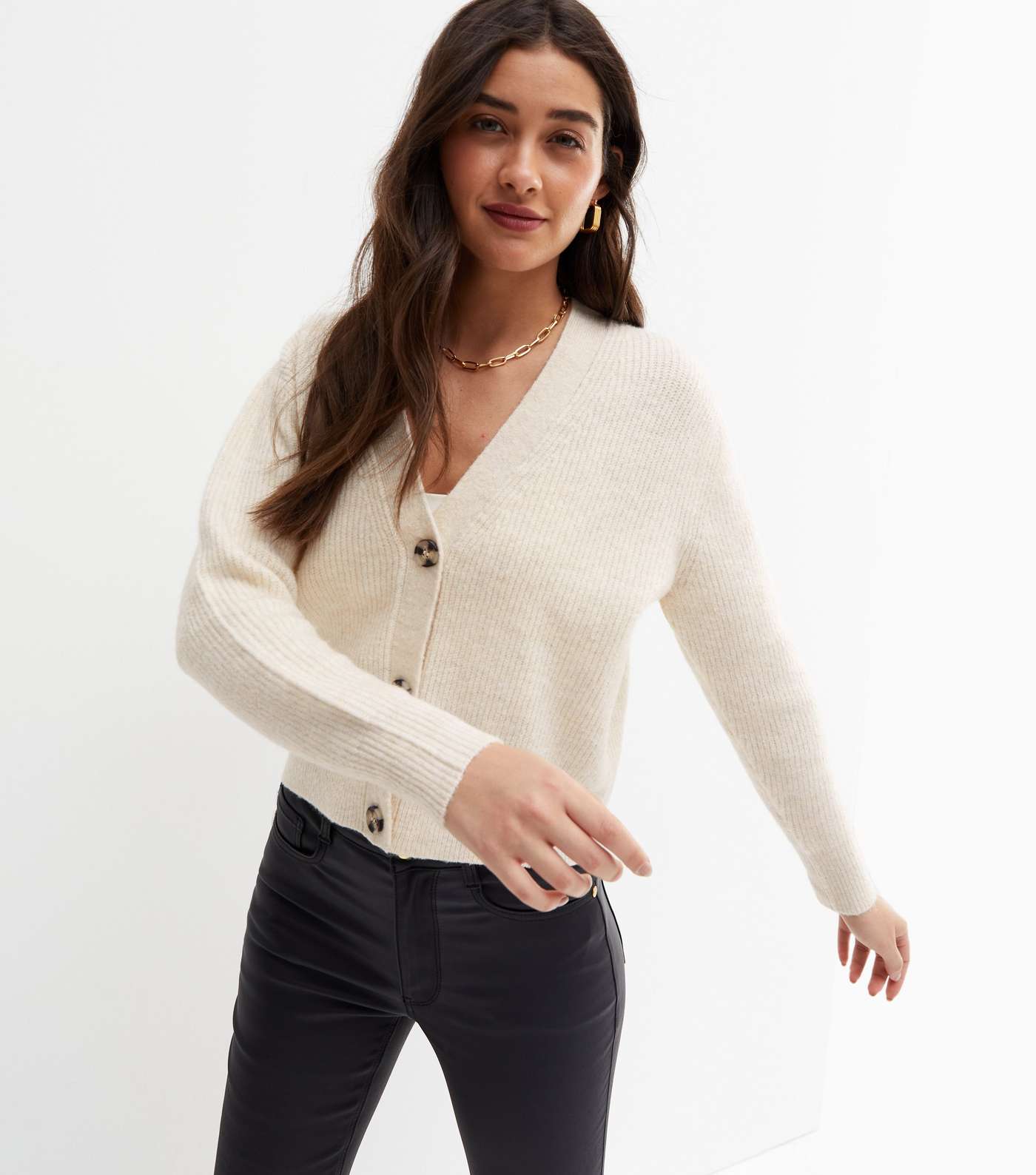 Cream Ribbed Knit Button Cardigan