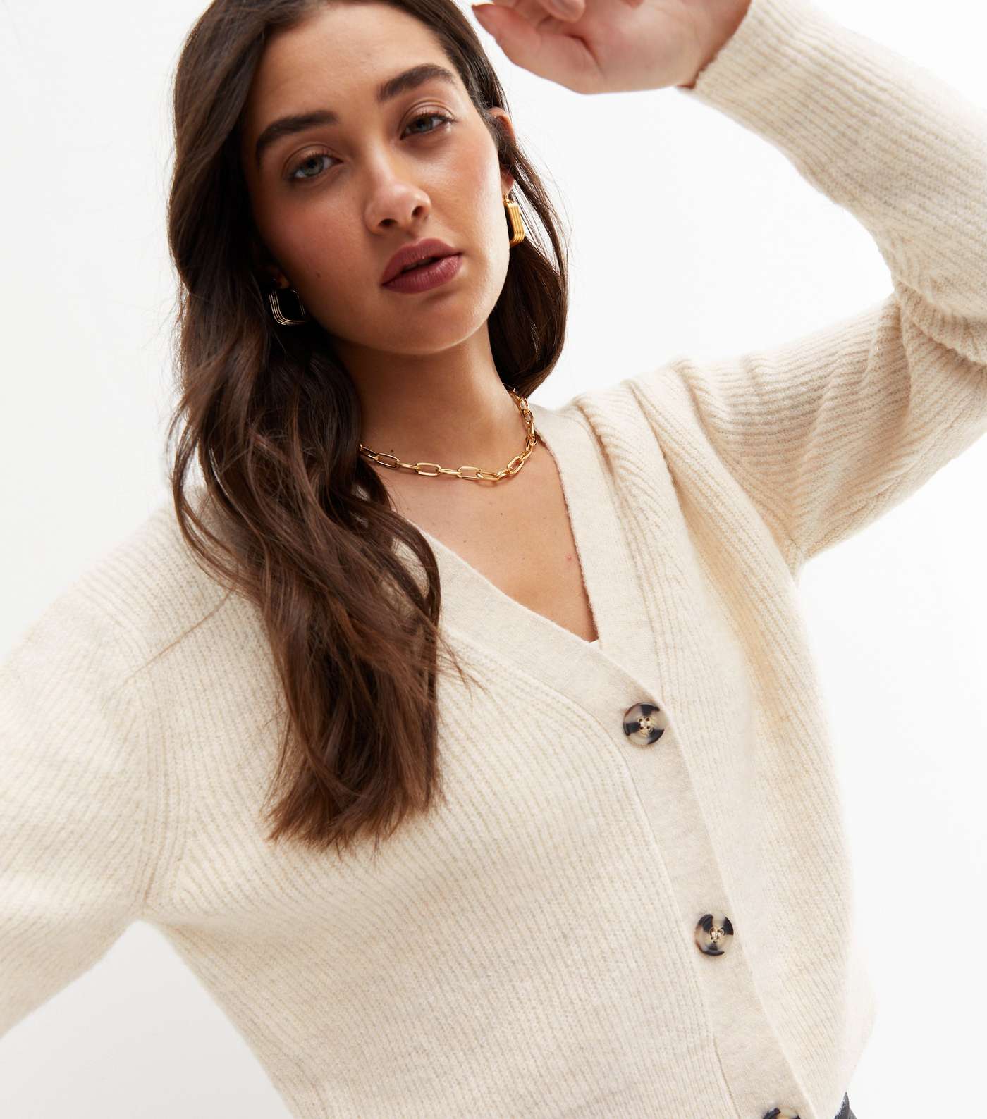 Cream Ribbed Knit Button Cardigan Image 3