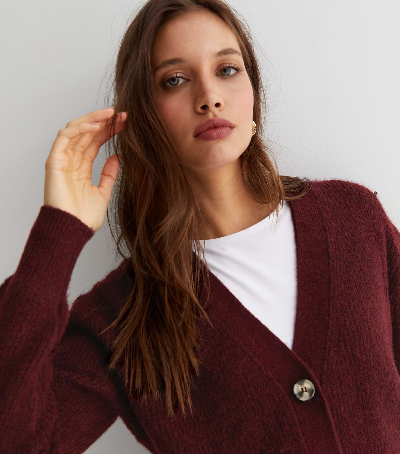 Burgundy Ribbed Knit Button Cardigan Image 2