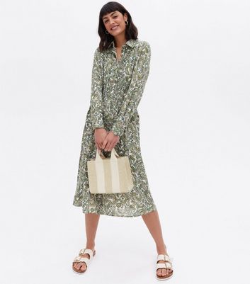 Blue Vanilla Green Paisley Shirred Midi Shirt Dress New Look