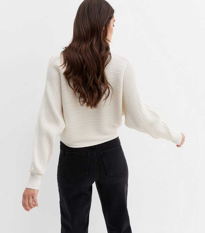 Off White Ribbed High Neck Crop Jumper