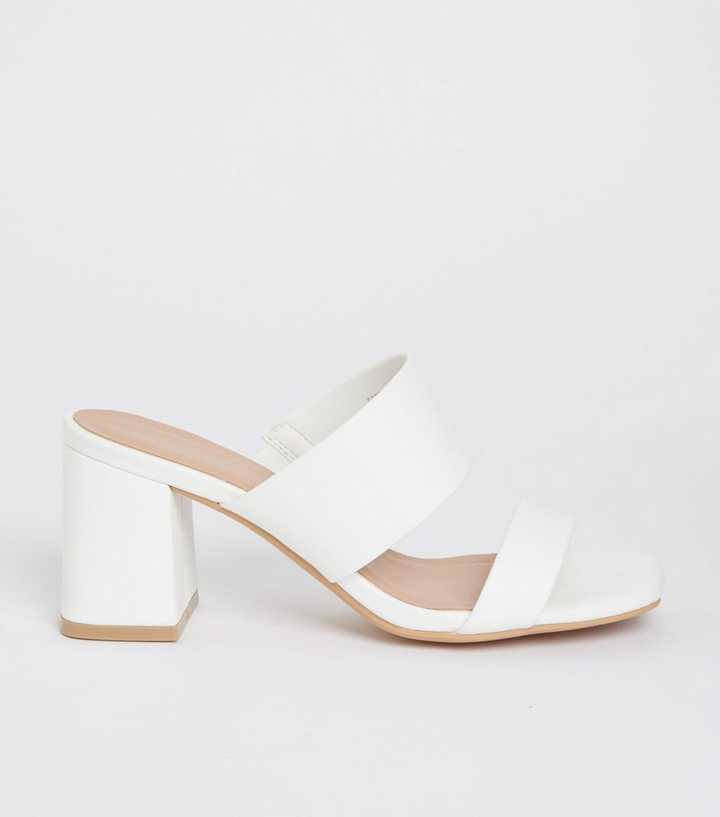 Wide Fit White Double Strap Block Heel Mules