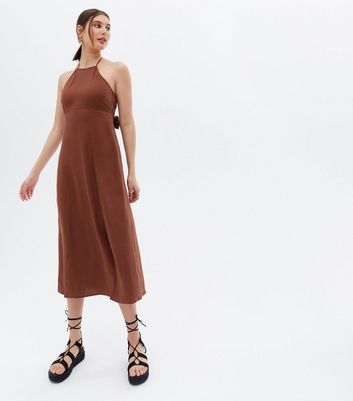 Dark Brown Linen Blend Halter Tie Back Midi Dress New Look