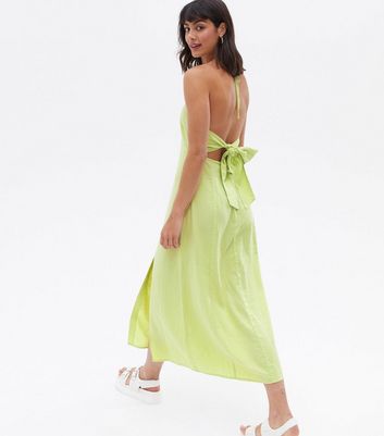 Light Green Linen Blend Halter Tie Back Midi Dress