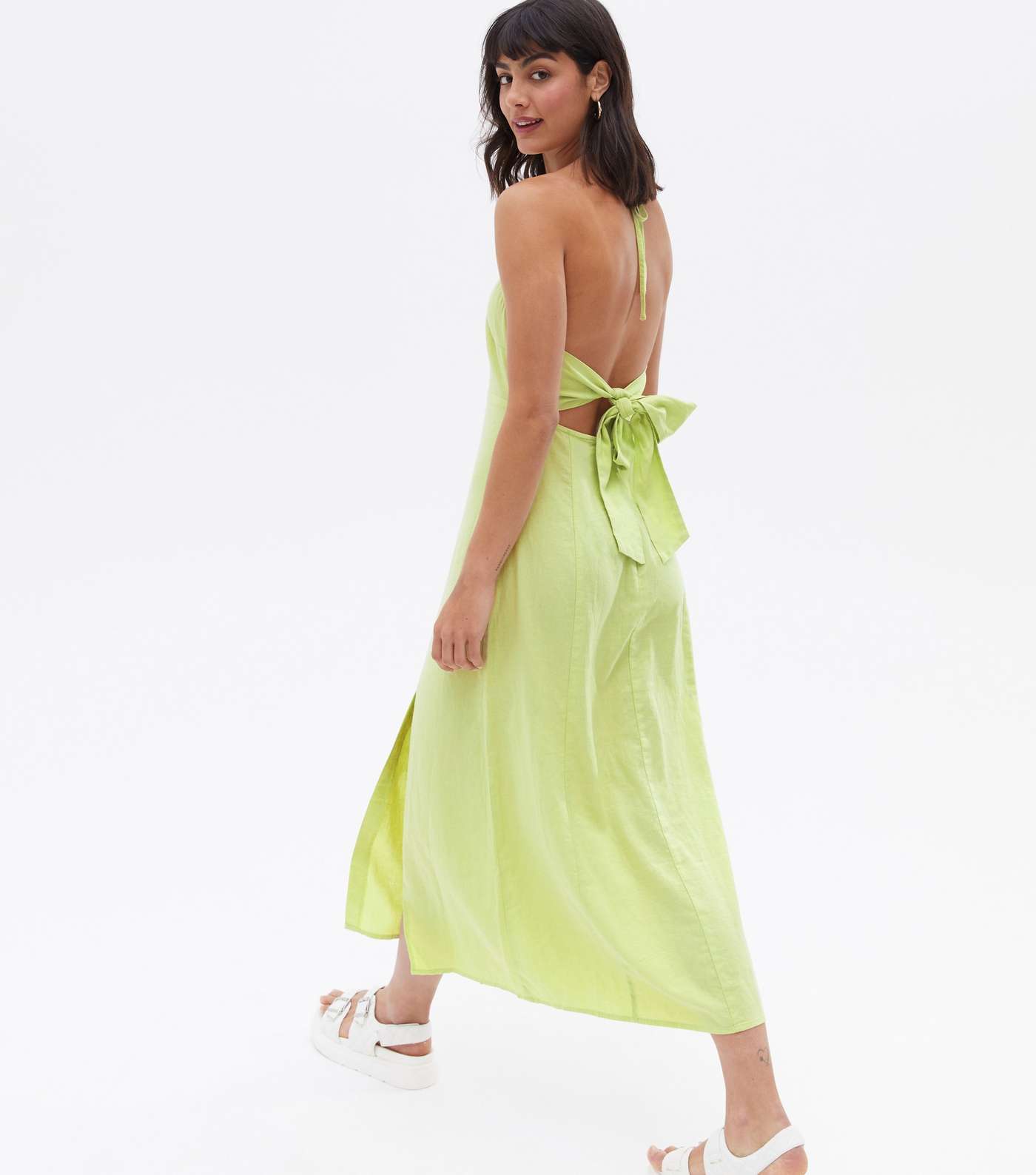 Light Green Linen Blend Halter Tie Back Midi Dress Image 4