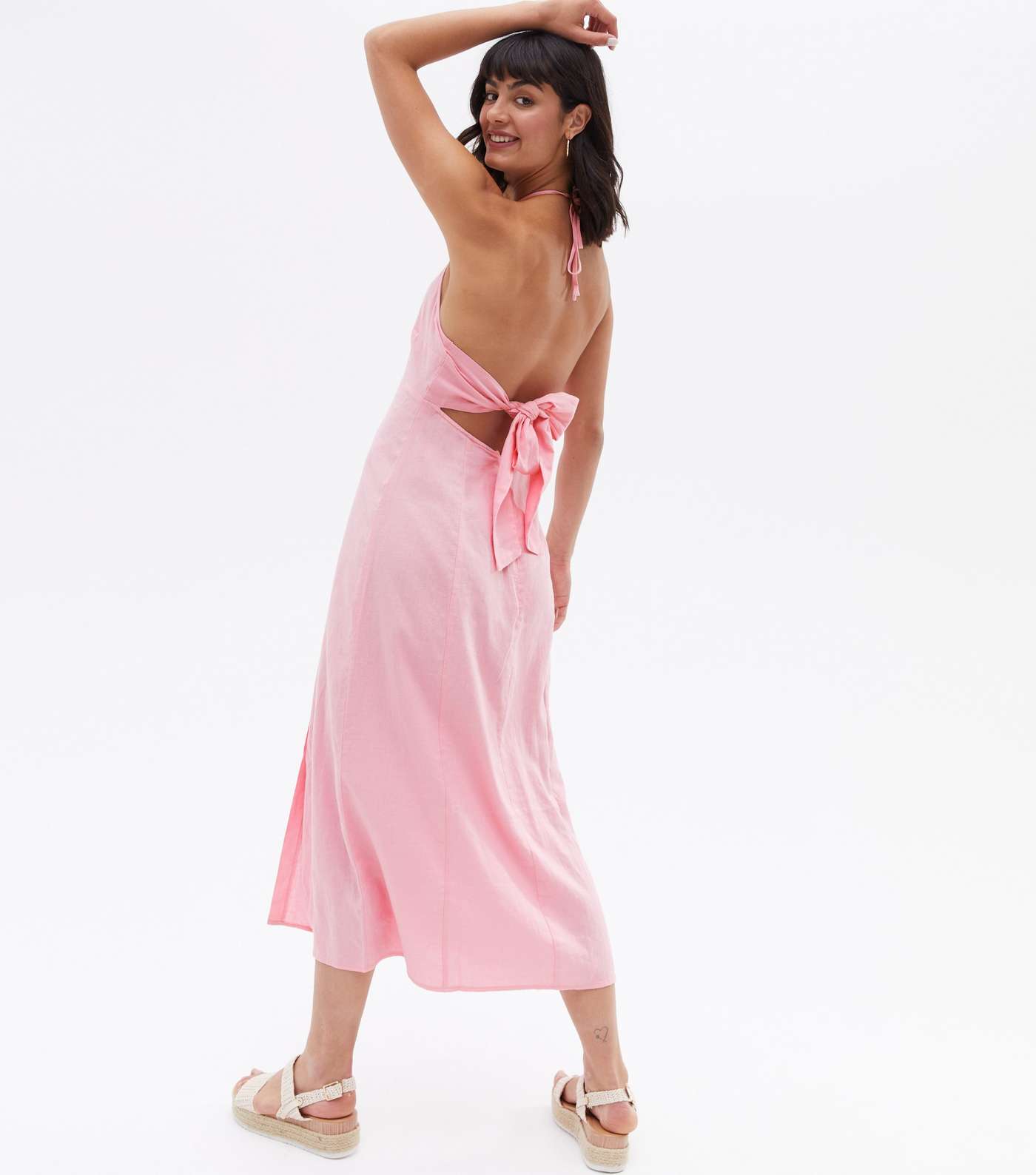 Mid Pink Linen Blend Halter Tie Back Midi Dress Image 4