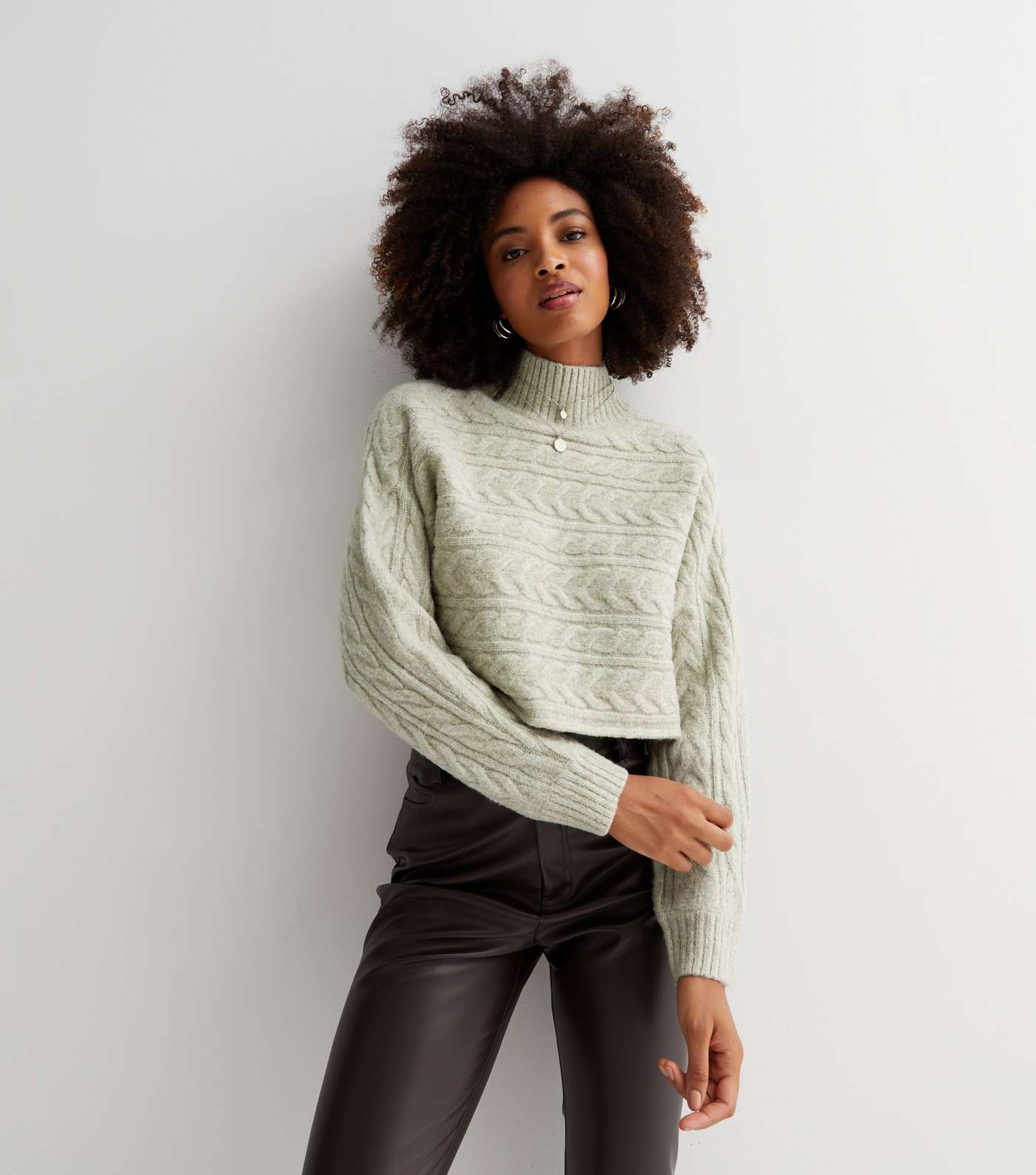 Light Green Cable Knit High Neck Crop Jumper Image 3