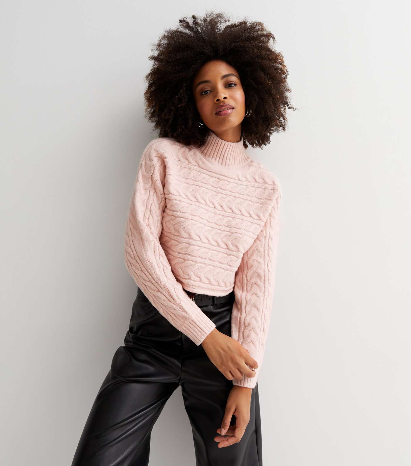 Pink Cable Knit High Neck Crop Jumper