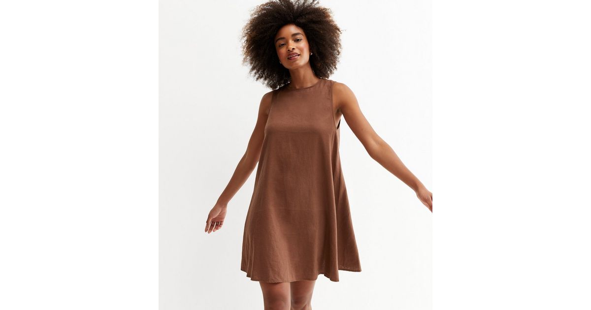 Dark Brown Linen Blend Tie Back Mini Smock Dress New Look