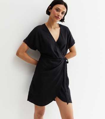 Black Linen Blend Mini Wrap Dress