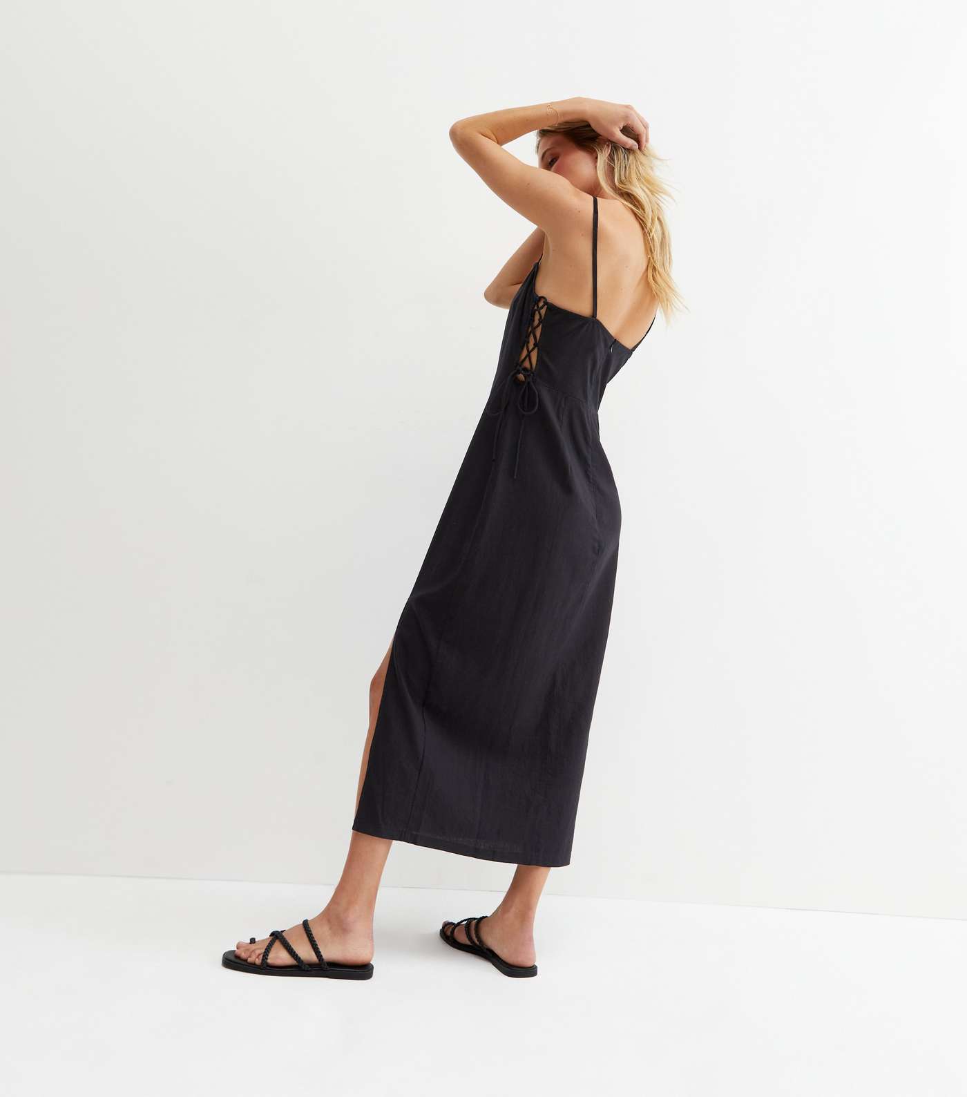 Black Linen Blend Lace Up Side Midi Dress Image 3