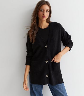 Black Ribbed Knit Pocket Front Cardigan New Look