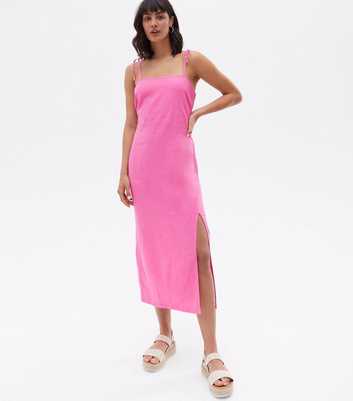 Mid Pink Linen Blend Strappy Midi Dress
